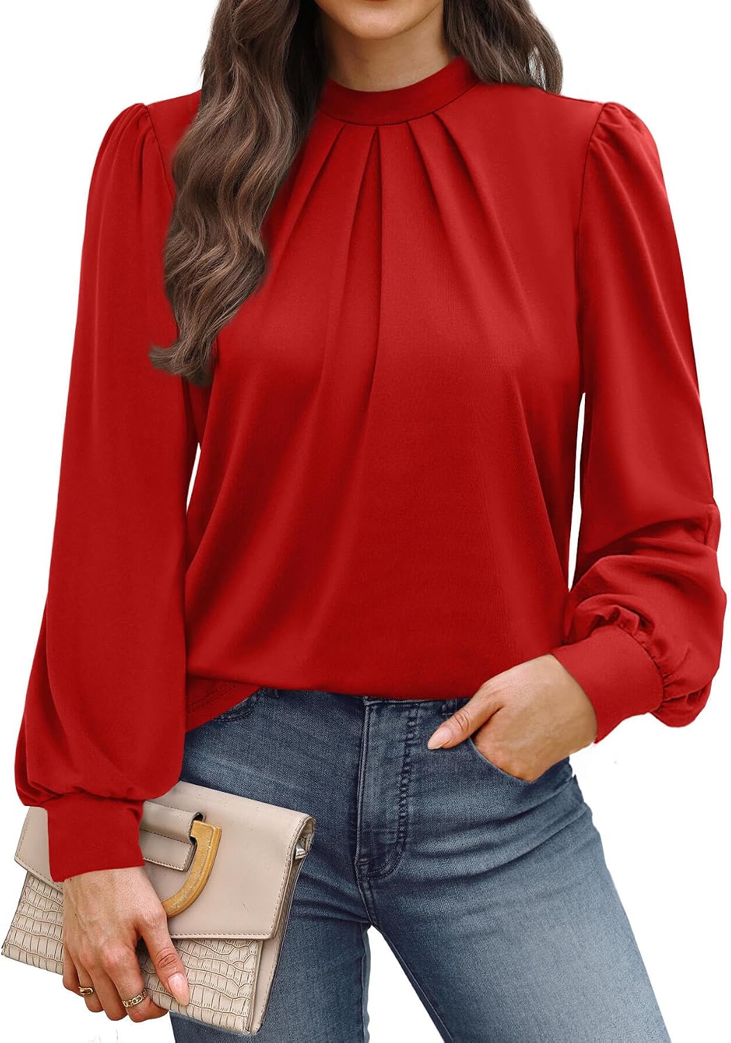 Long Sleeve Shirts for Women Mock Neck Tops Pleated Front Blouses Dressy Casual