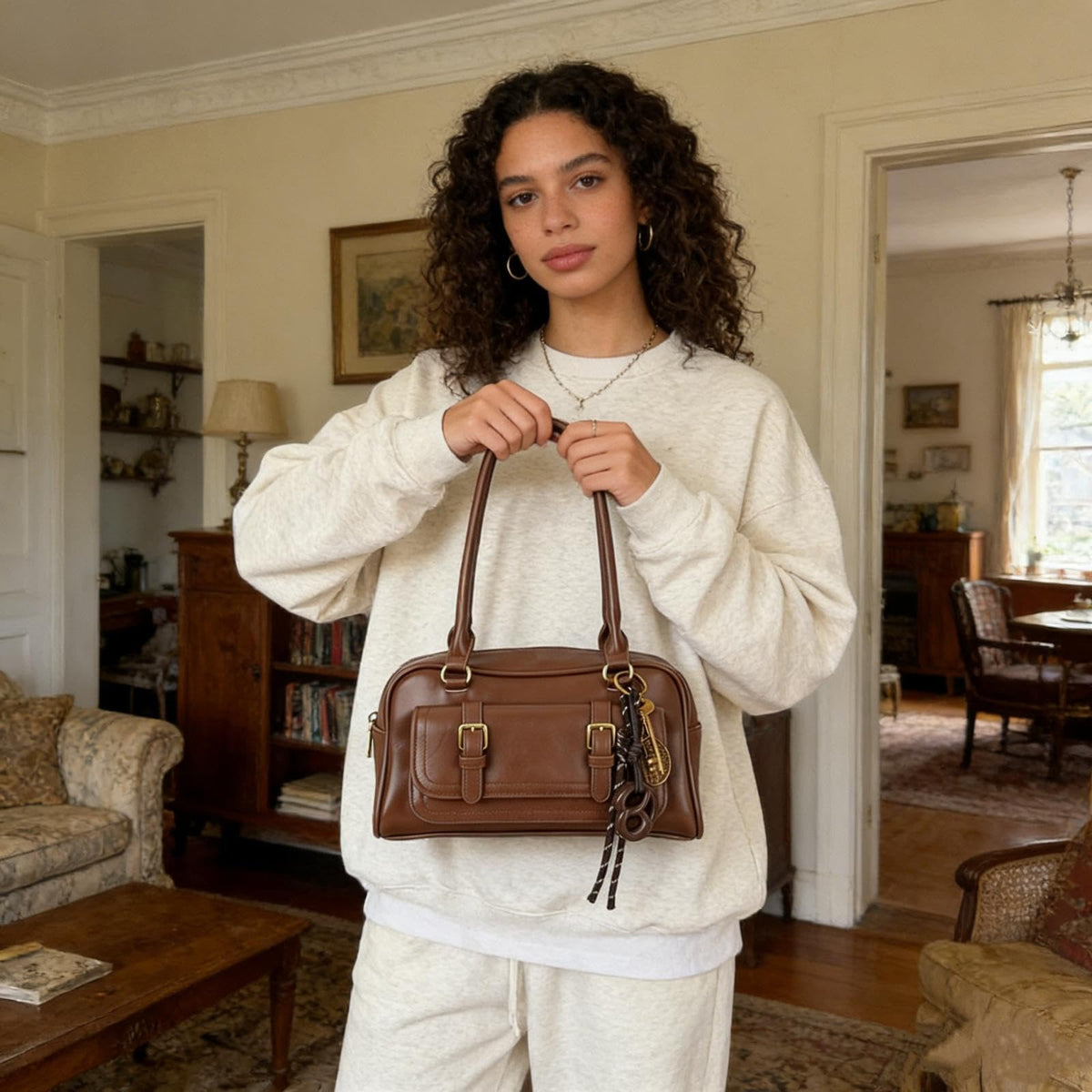 Fall Vintage Shoulder Bag for Women Trendy Top Handle PU Leather Bowler Bag Y2k Shoulder Purse Handbag with Pendant