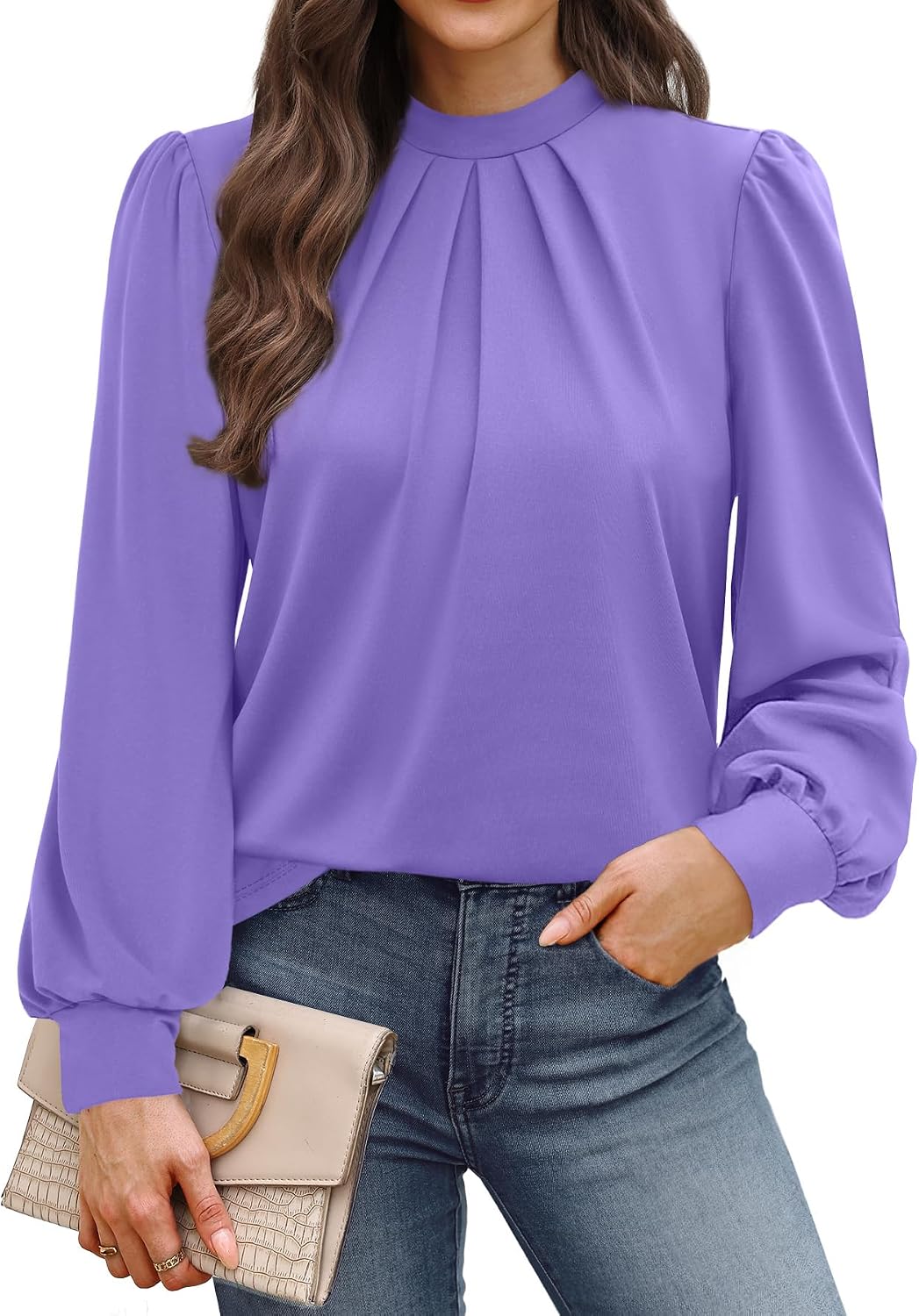 Long Sleeve Shirts for Women Mock Neck Tops Pleated Front Blouses Dressy Casual
