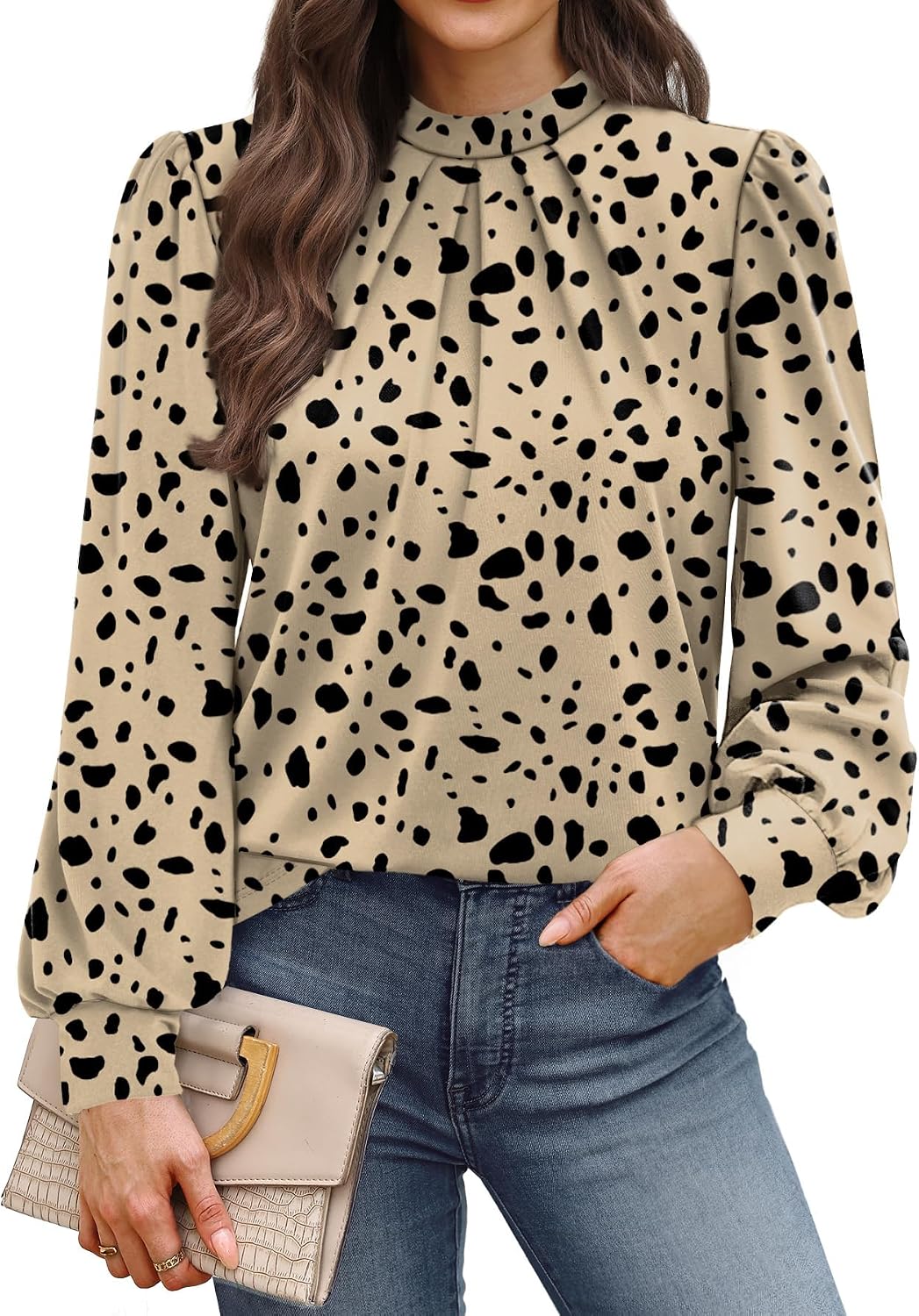 Long Sleeve Shirts for Women Mock Neck Tops Pleated Front Blouses Dressy Casual