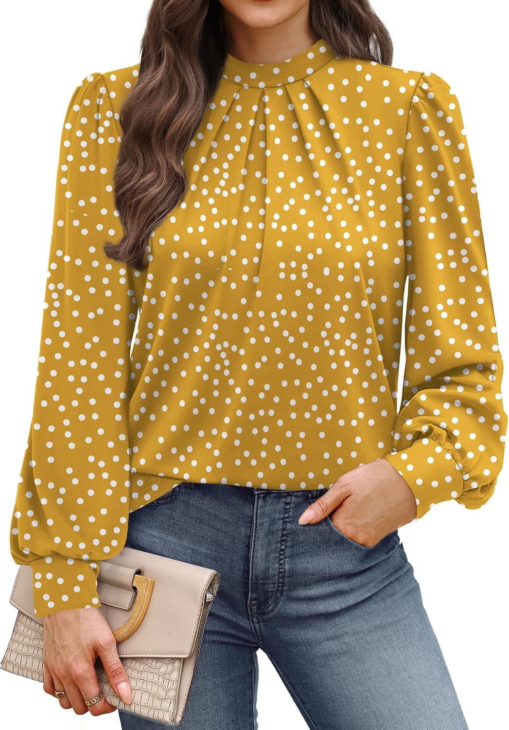 Long Sleeve Shirts for Women Mock Neck Tops Pleated Front Blouses Dressy Casual