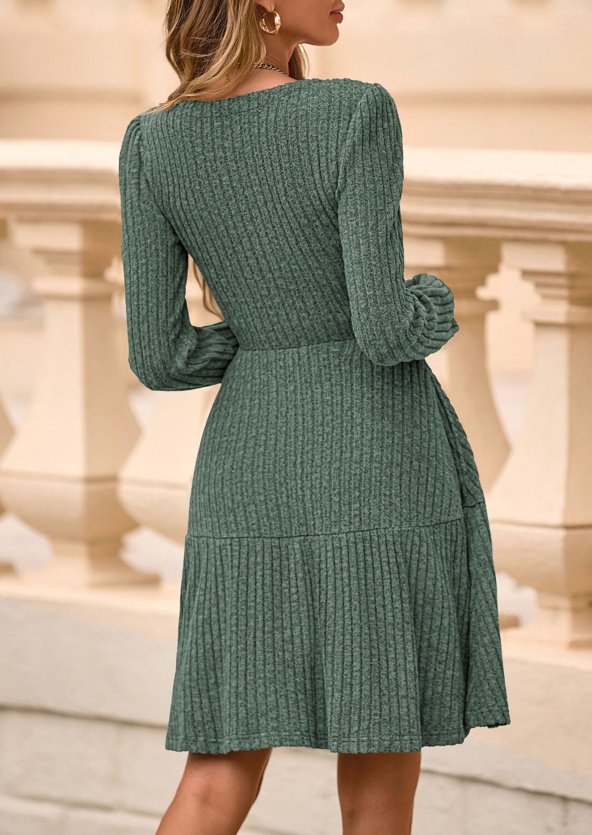 Womens Sweater Dress 2026 Fall Long Sleeve V Neck  Flare Ribbed Short Dresses Knit Outfits Pockets