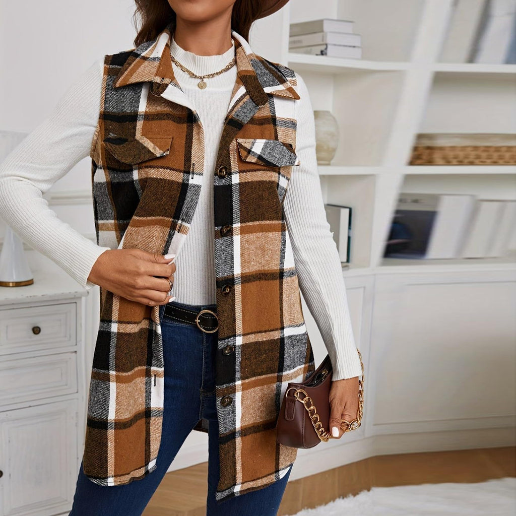 Plaid Vest Cardigan for Women Sleeveless waistcoat Comfy Button Down jacket