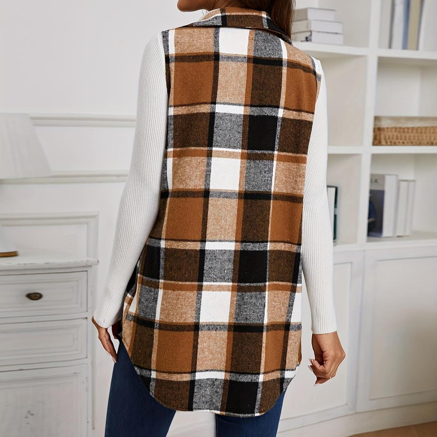 Plaid Vest Cardigan for Women Sleeveless waistcoat Comfy Button Down jacket