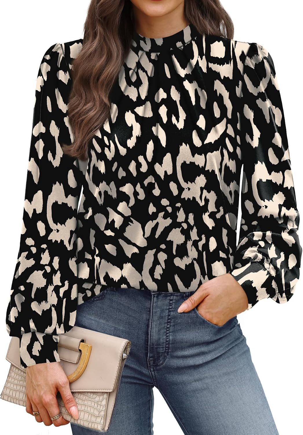 Long Sleeve Shirts for Women Mock Neck Tops Pleated Front Blouses Dressy Casual
