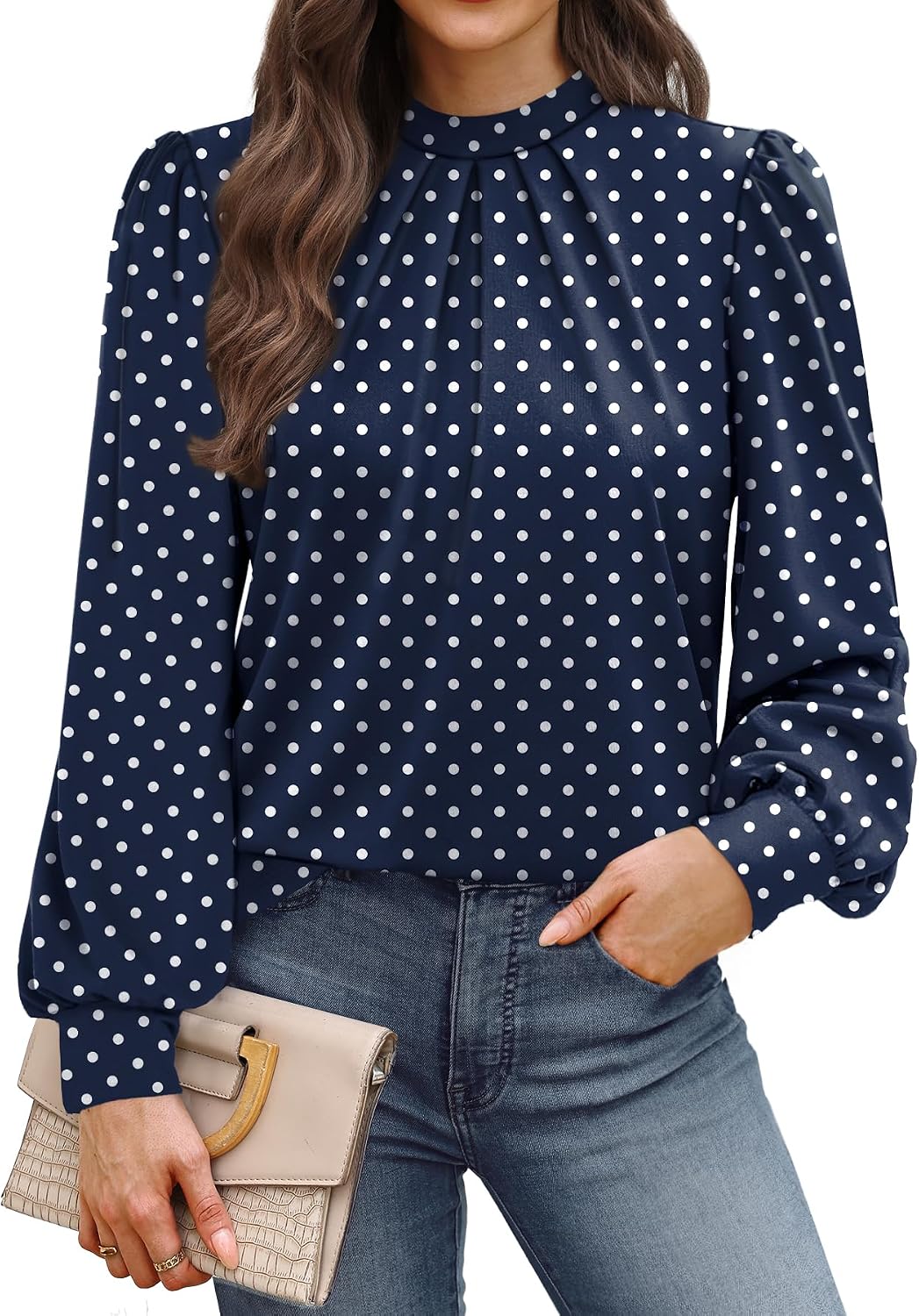 Long Sleeve Shirts for Women Mock Neck Tops Pleated Front Blouses Dressy Casual