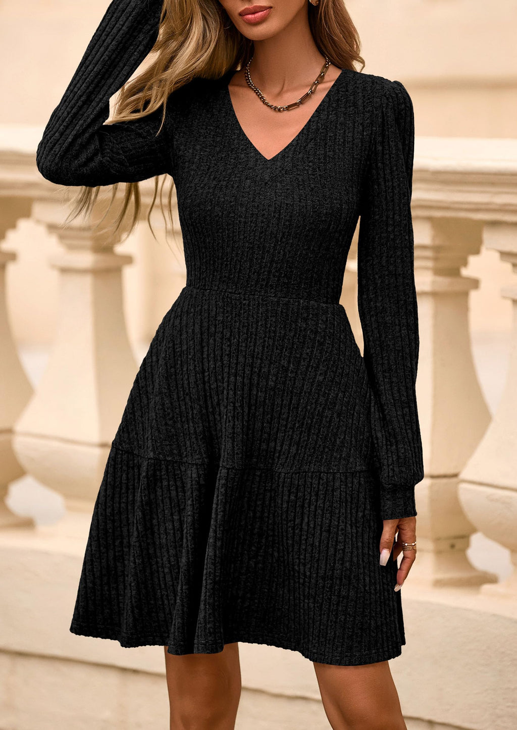 Womens Sweater Dress 2026 Fall Long Sleeve V Neck  Flare Ribbed Short Dresses Knit Outfits Pockets