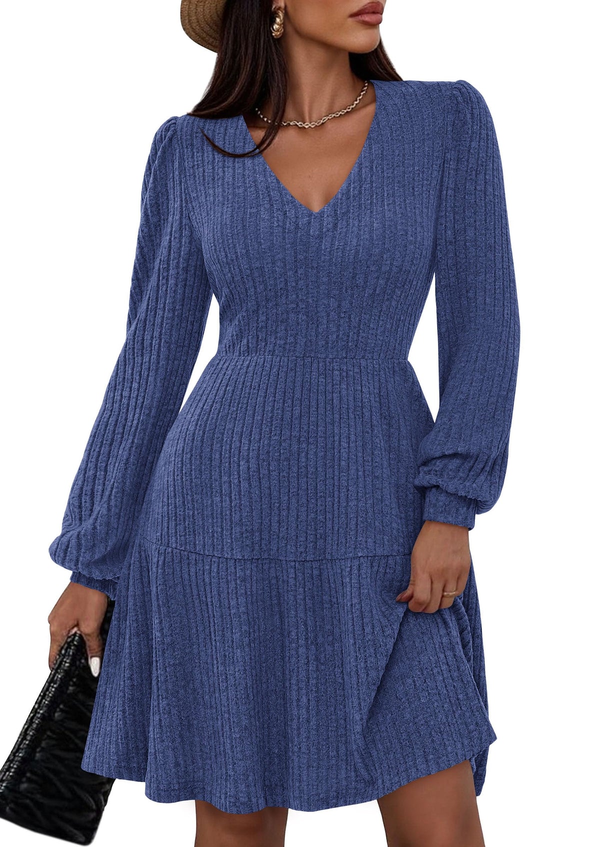 Womens Sweater Dress 2026 Fall Long Sleeve V Neck  Flare Ribbed Short Dresses Knit Outfits Pockets