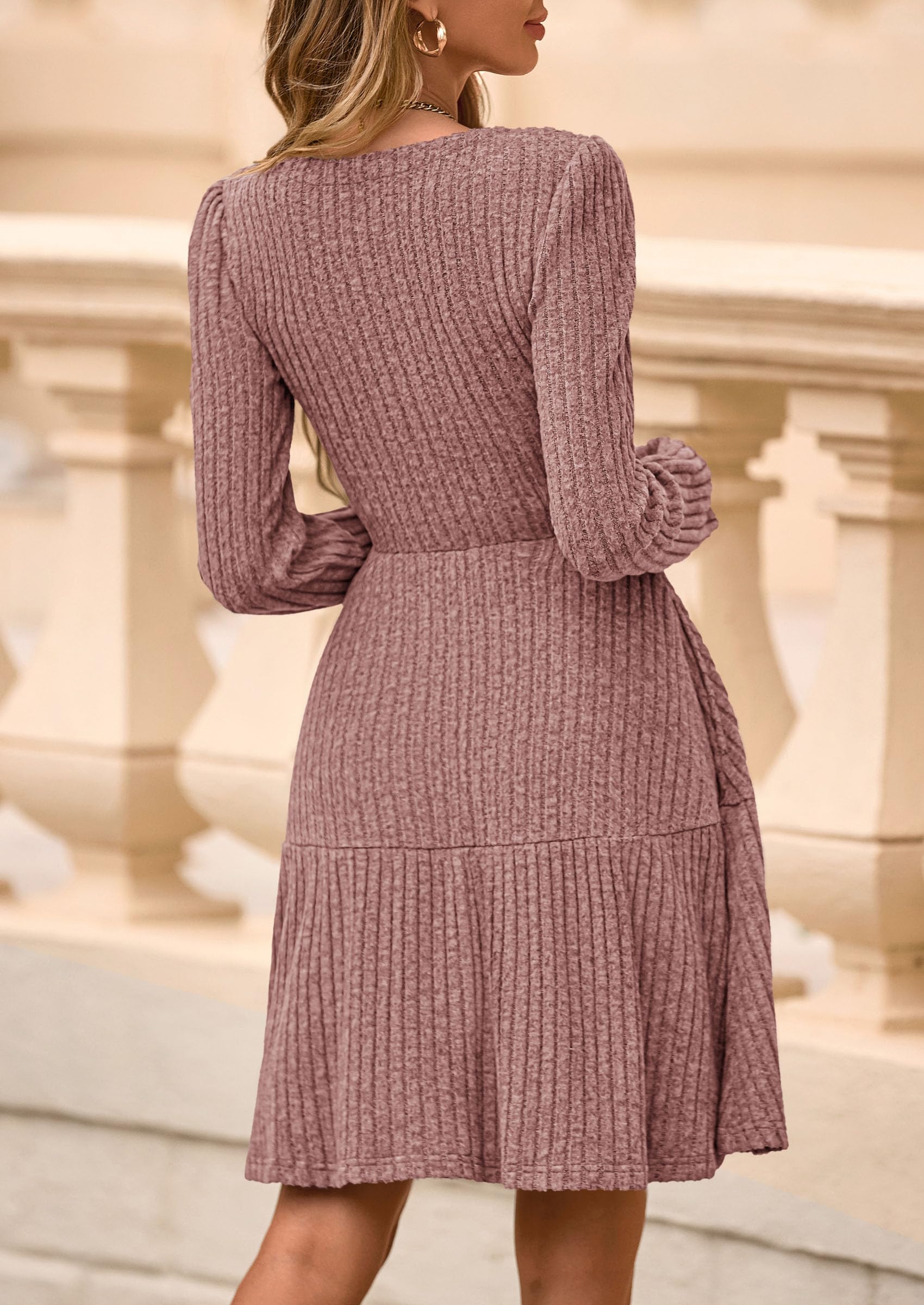 Womens Sweater Dress 2026 Fall Long Sleeve V Neck  Flare Ribbed Short Dresses Knit Outfits Pockets