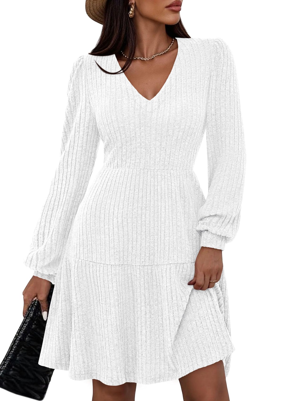 Womens Sweater Dress 2026 Fall Long Sleeve V Neck  Flare Ribbed Short Dresses Knit Outfits Pockets