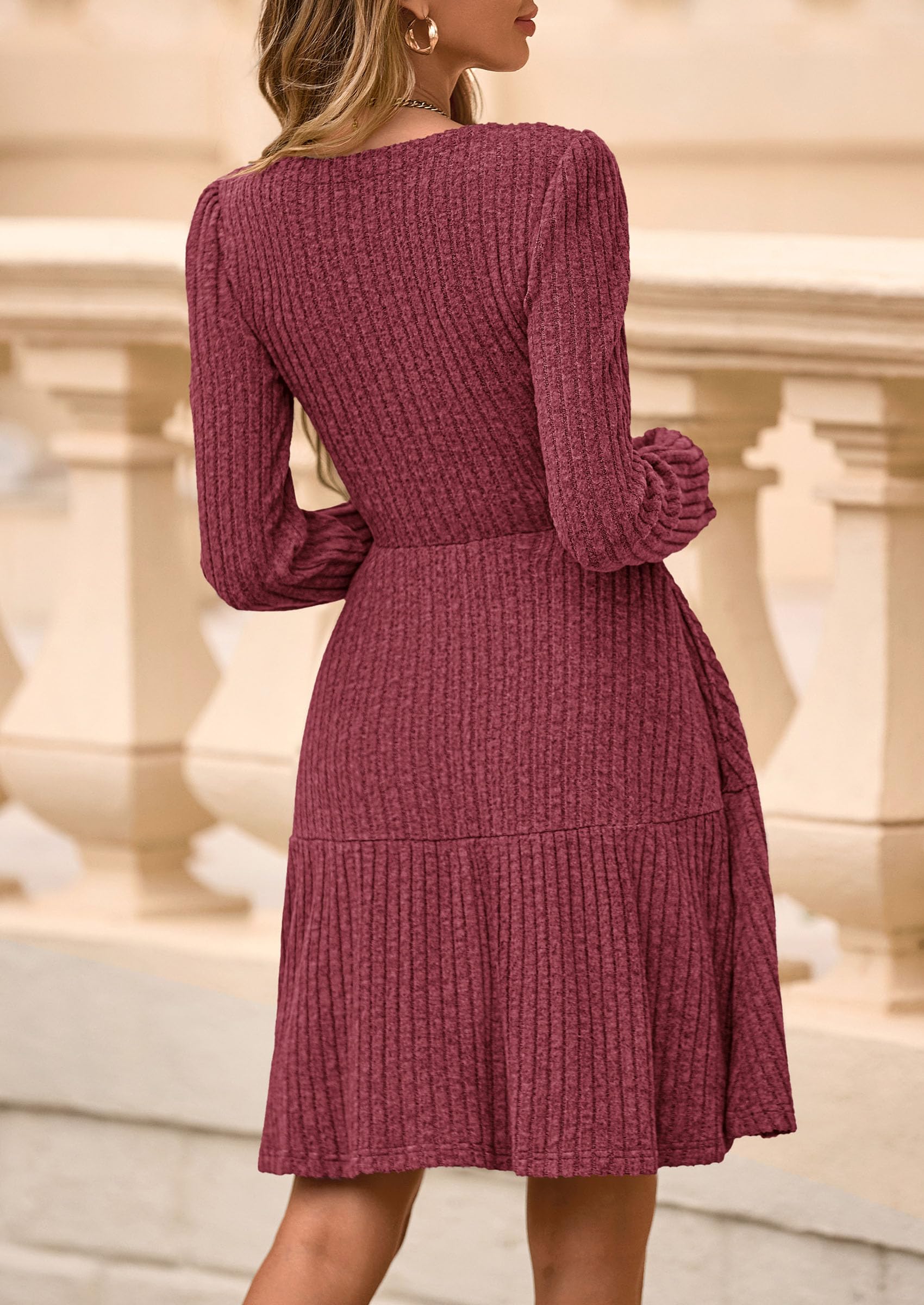 Womens Sweater Dress 2026 Fall Long Sleeve V Neck  Flare Ribbed Short Dresses Knit Outfits Pockets