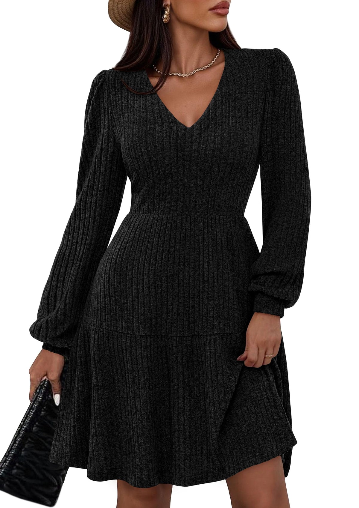 Womens Sweater Dress 2026 Fall Long Sleeve V Neck  Flare Ribbed Short Dresses Knit Outfits Pockets
