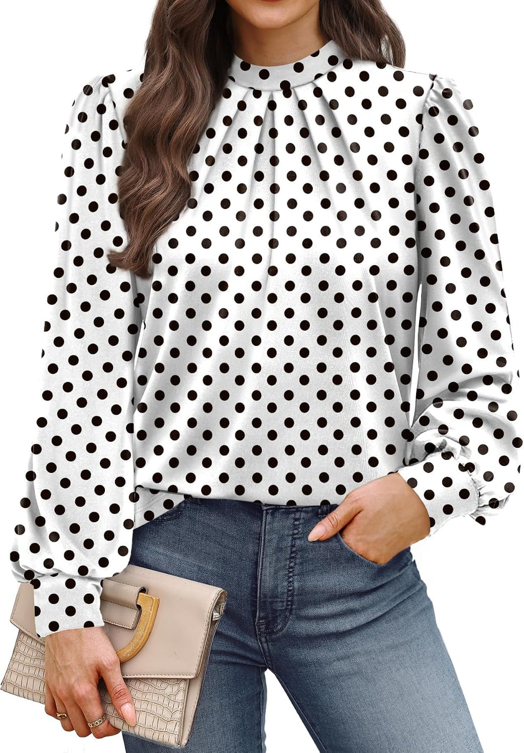 Long Sleeve Shirts for Women Mock Neck Tops Pleated Front Blouses Dressy Casual