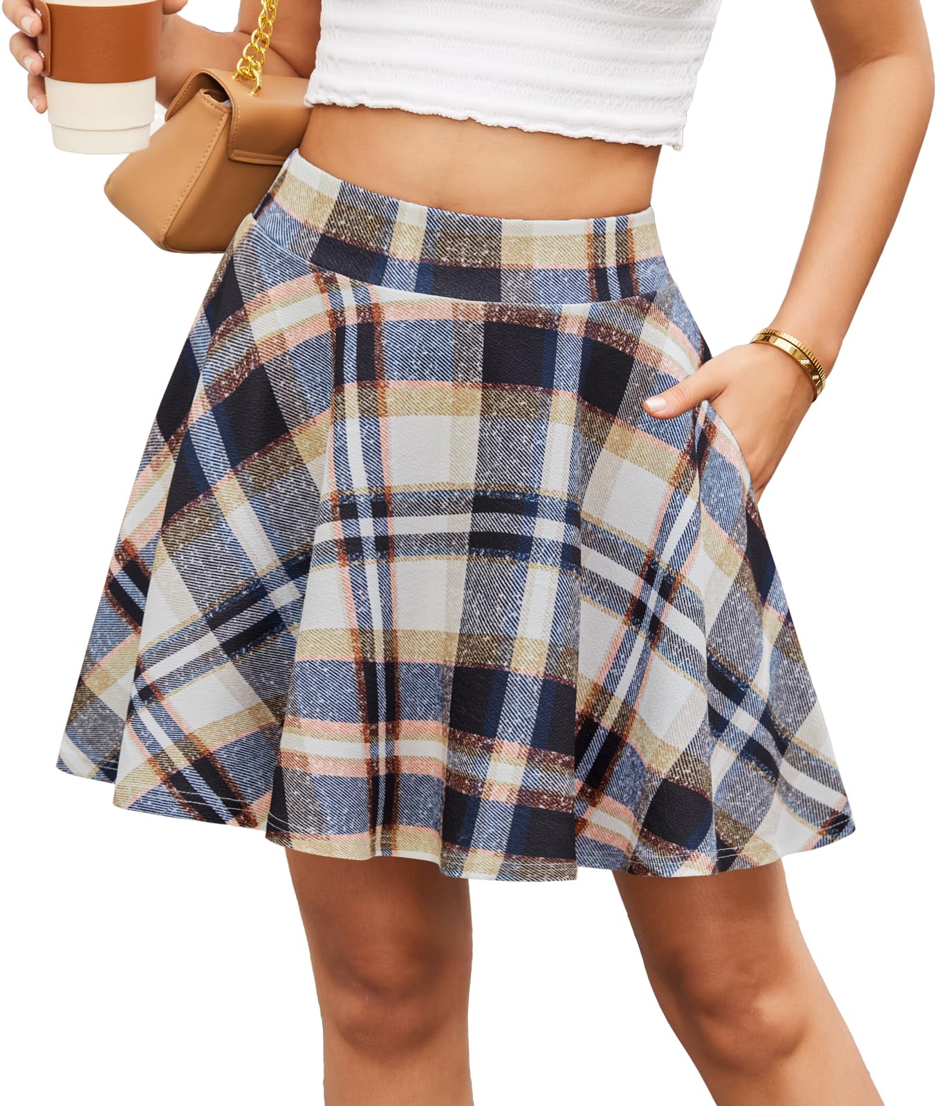 Women's Flared Mini Skater Skirt with Pockets Versatile High Waist Casual Skirts