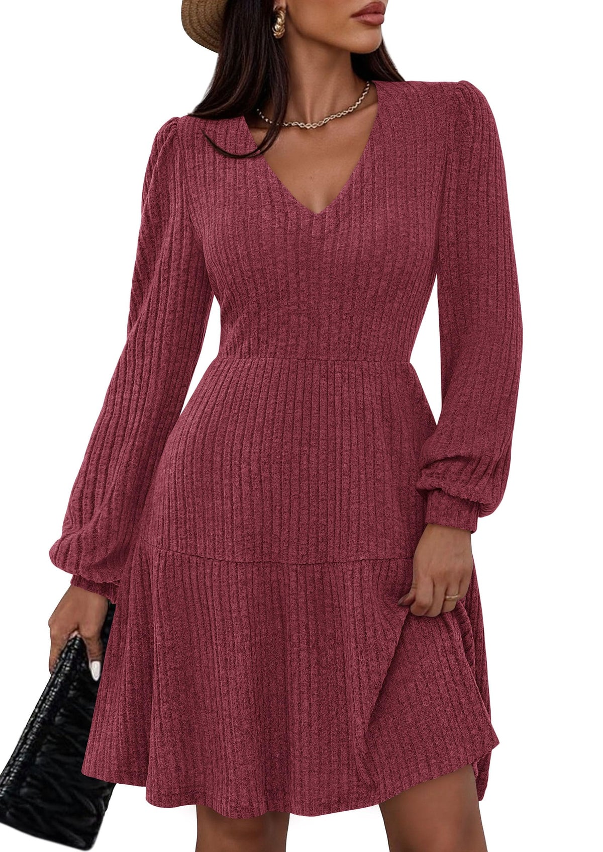 Womens Sweater Dress 2026 Fall Long Sleeve V Neck  Flare Ribbed Short Dresses Knit Outfits Pockets
