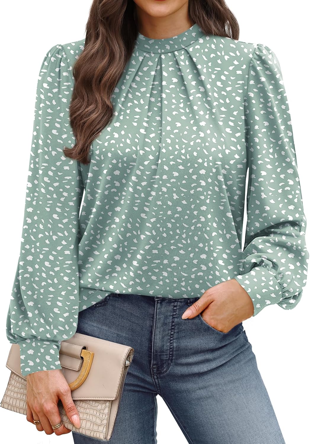 Long Sleeve Shirts for Women Mock Neck Tops Pleated Front Blouses Dressy Casual