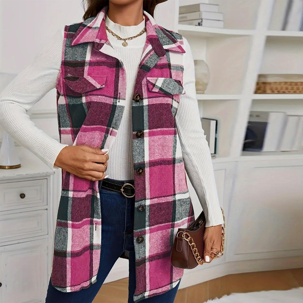 Plaid Vest Cardigan for Women Sleeveless waistcoat Comfy Button Down jacket