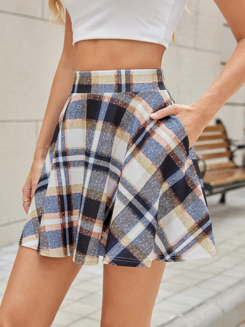 Women's Flared Mini Skater Skirt with Pockets Versatile High Waist Casual Skirts
