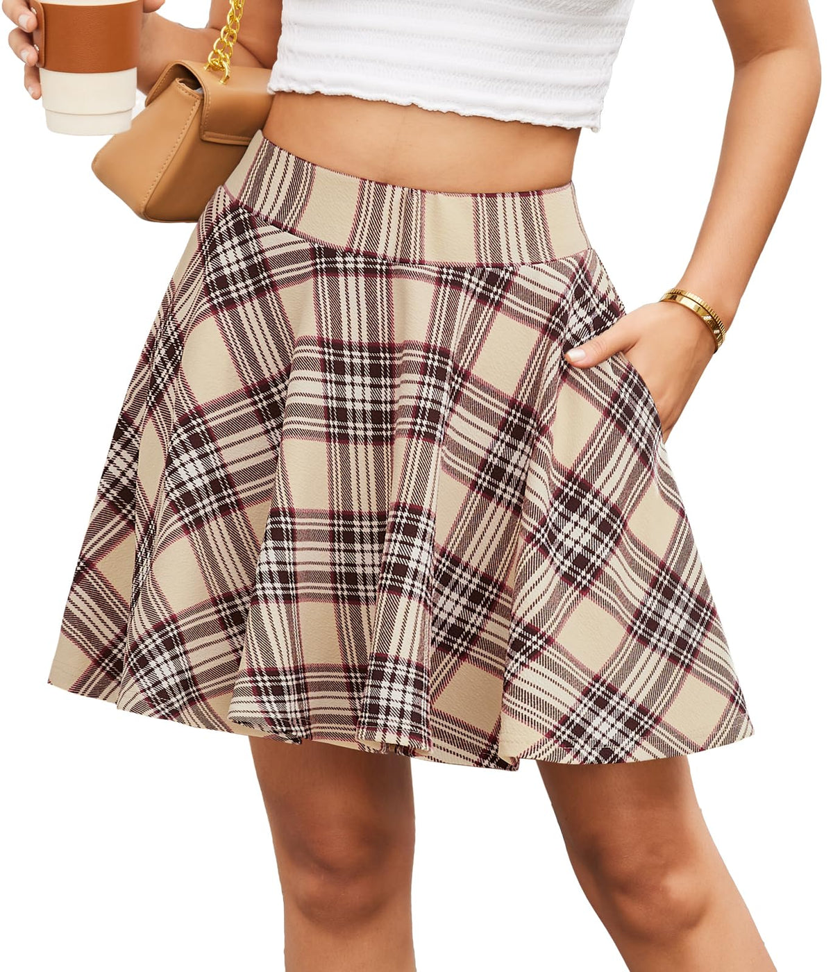 Women's Flared Mini Skater Skirt with Pockets Versatile High Waist Casual Skirts