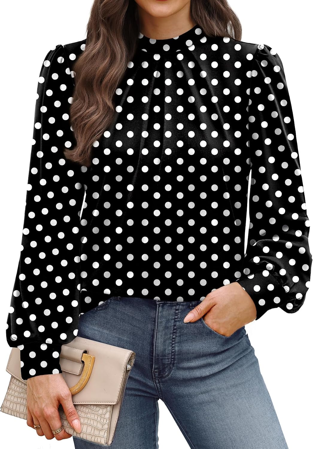 Long Sleeve Shirts for Women Mock Neck Tops Pleated Front Blouses Dressy Casual