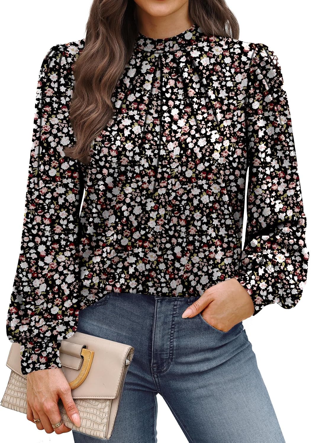 Long Sleeve Shirts for Women Mock Neck Tops Pleated Front Blouses Dressy Casual