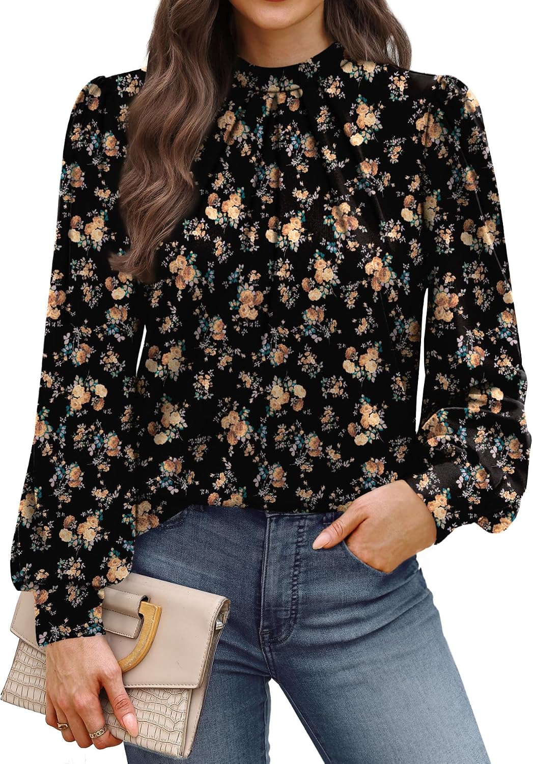 Long Sleeve Shirts for Women Mock Neck Tops Pleated Front Blouses Dressy Casual