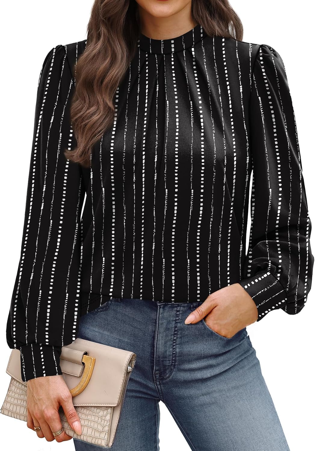 Long Sleeve Shirts for Women Mock Neck Tops Pleated Front Blouses Dressy Casual