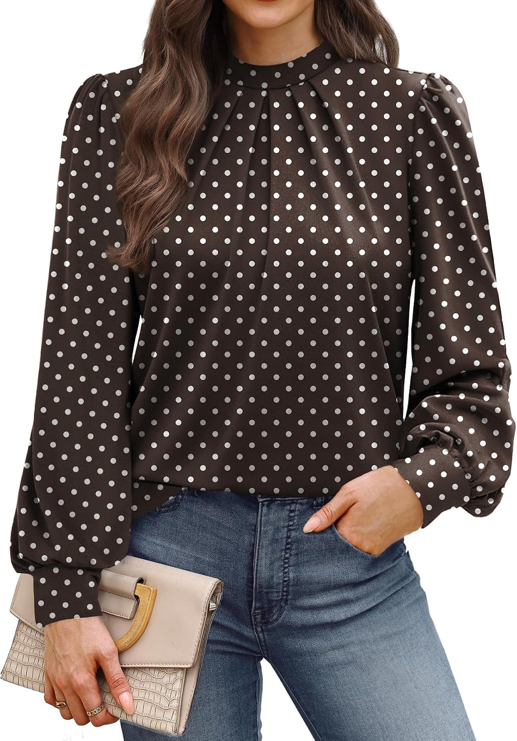 Long Sleeve Shirts for Women Mock Neck Tops Pleated Front Blouses Dressy Casual