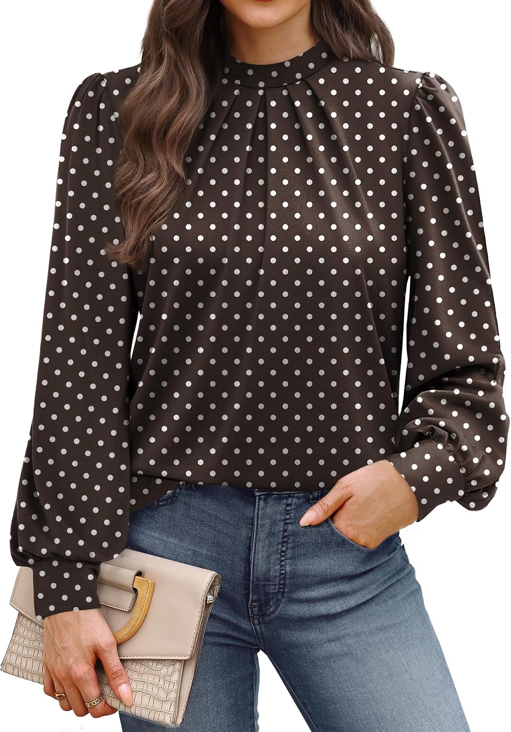 Long Sleeve Shirts for Women Mock Neck Tops Pleated Front Blouses Dressy Casual