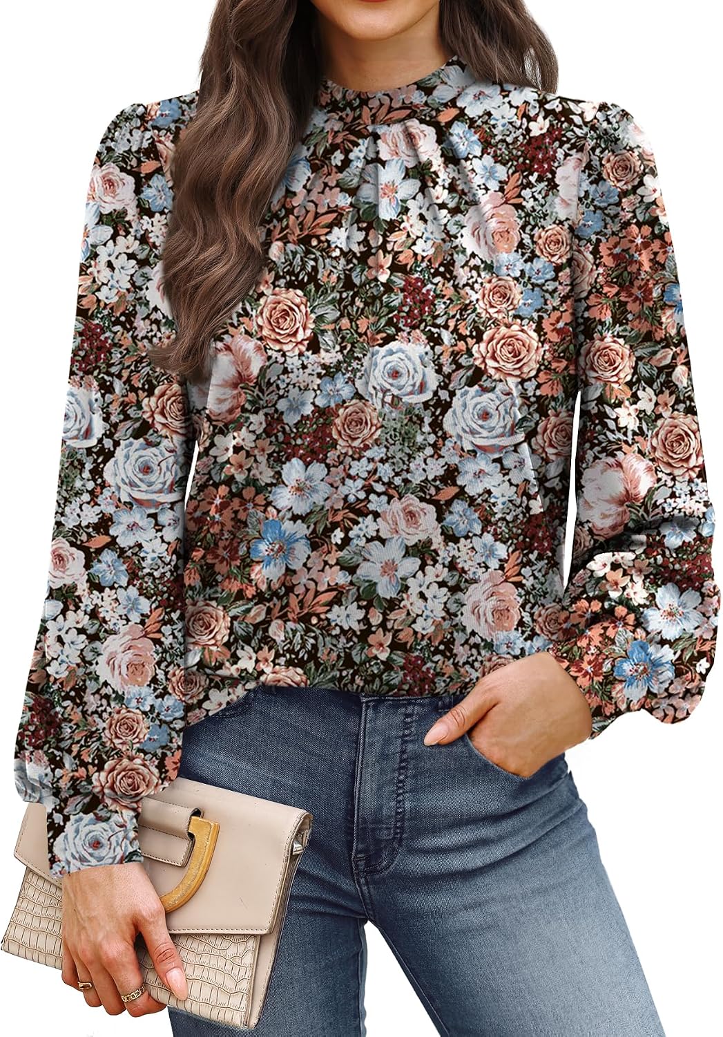 Long Sleeve Shirts for Women Mock Neck Tops Pleated Front Blouses Dressy Casual