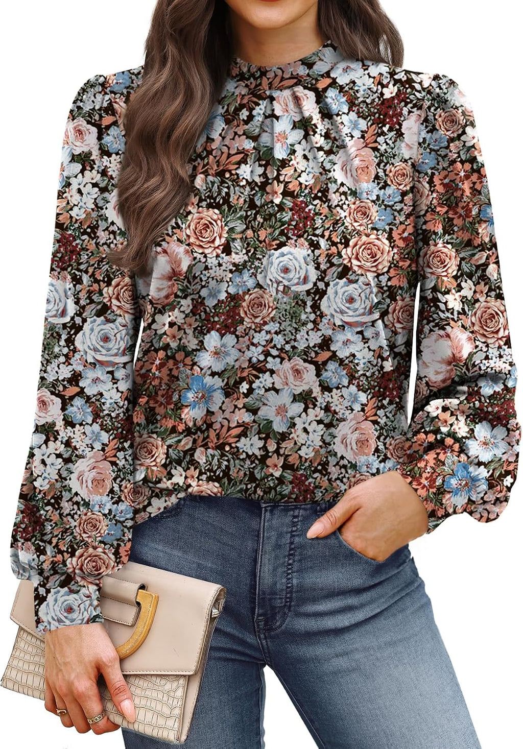 Long Sleeve Shirts for Women Mock Neck Tops Pleated Front Blouses Dressy Casual