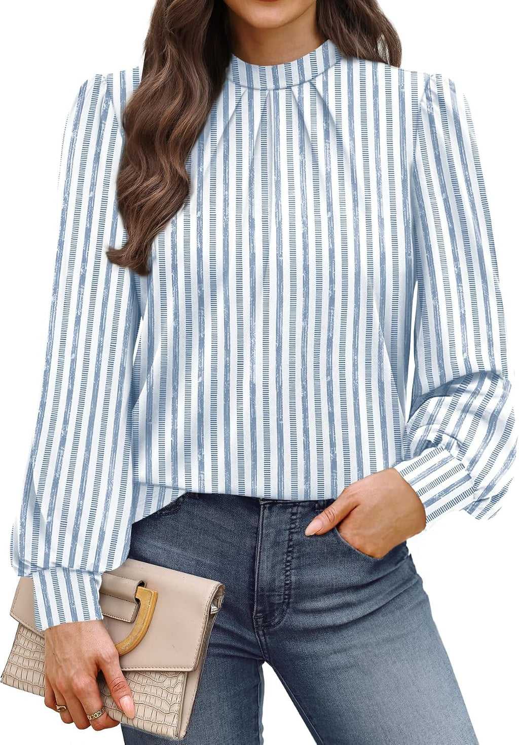 Long Sleeve Shirts for Women Mock Neck Tops Pleated Front Blouses Dressy Casual
