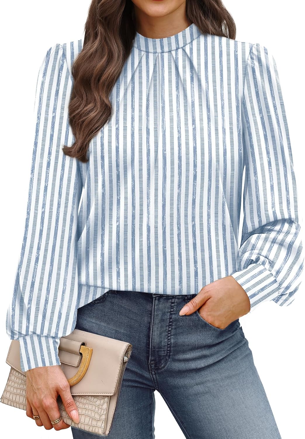 Long Sleeve Shirts for Women Mock Neck Tops Pleated Front Blouses Dressy Casual