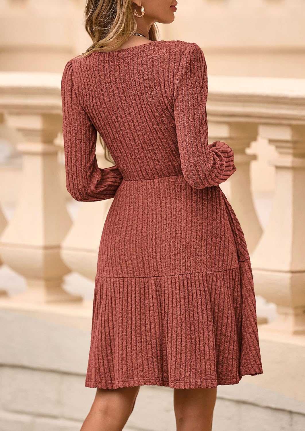 Womens Sweater Dress 2026 Fall Long Sleeve V Neck  Flare Ribbed Short Dresses Knit Outfits Pockets