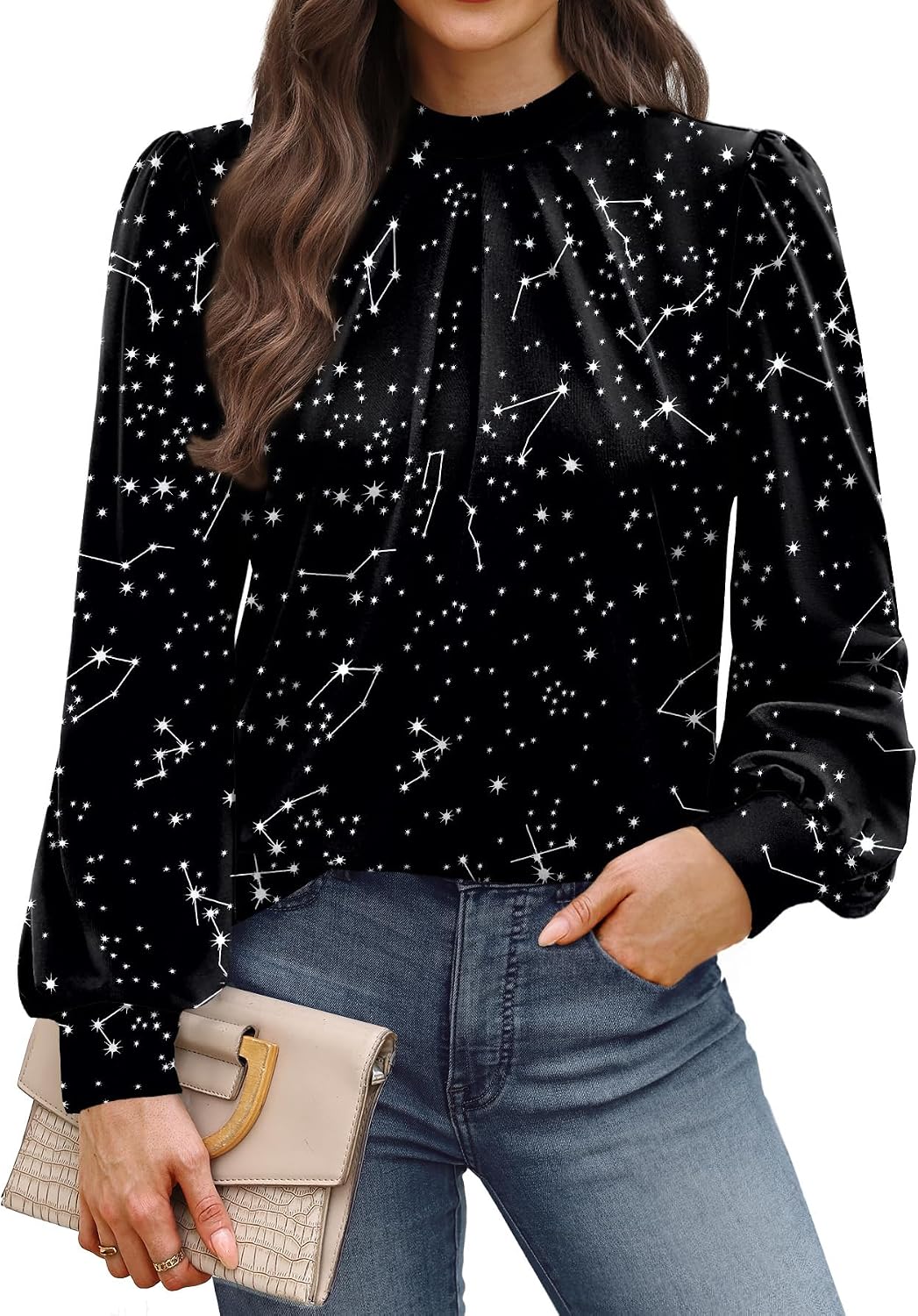 Long Sleeve Shirts for Women Mock Neck Tops Pleated Front Blouses Dressy Casual