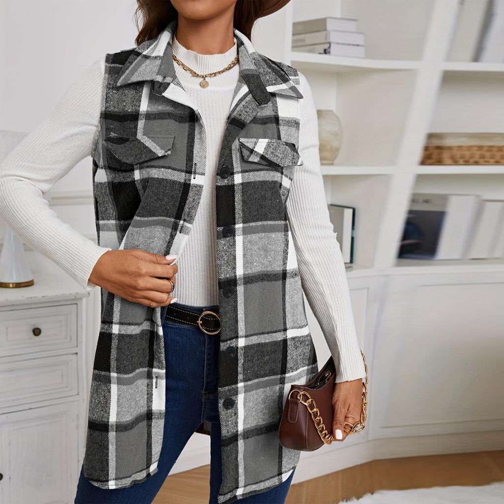 Plaid Vest Cardigan for Women Sleeveless waistcoat Comfy Button Down jacket