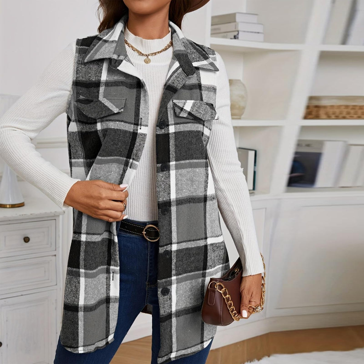 Plaid Vest Cardigan for Women Sleeveless waistcoat Comfy Button Down jacket