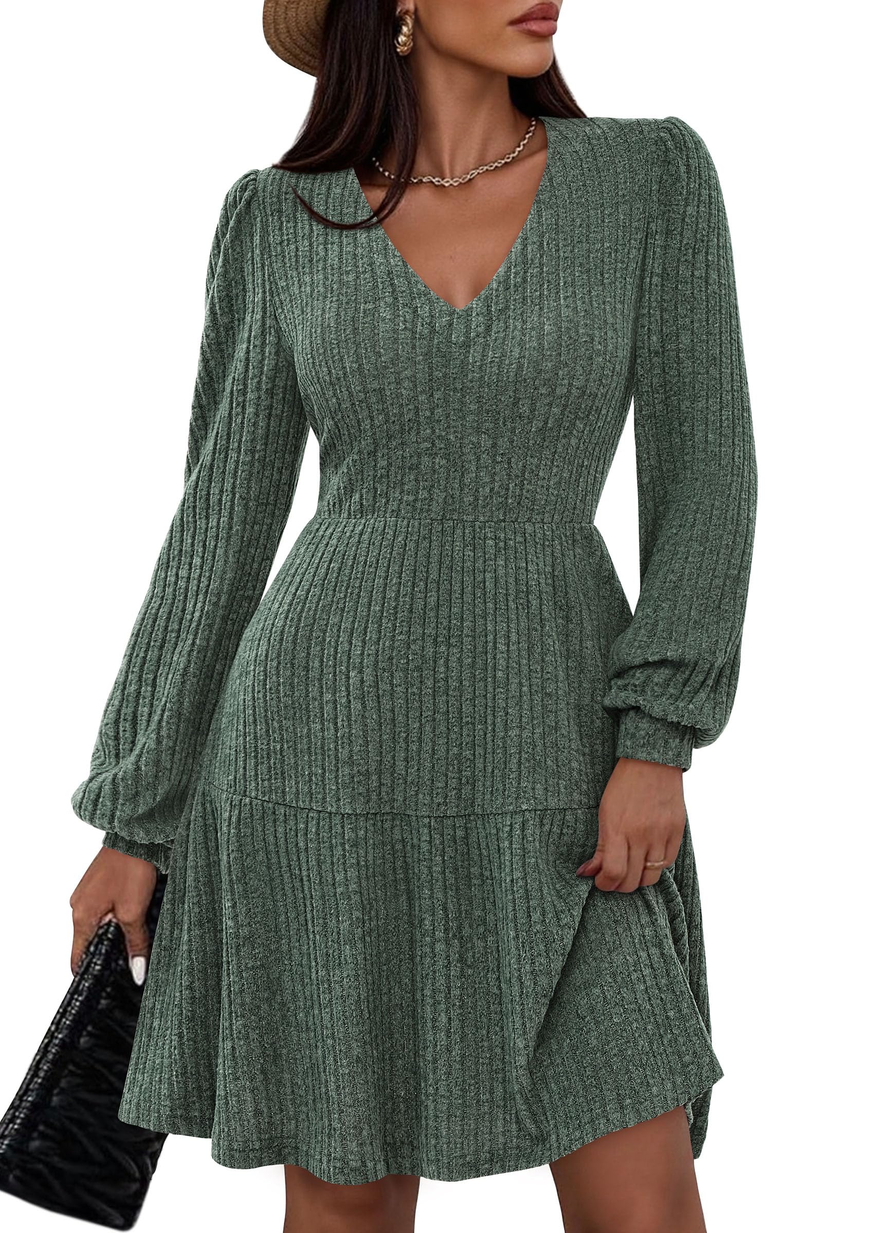 Womens Sweater Dress 2026 Fall Long Sleeve V Neck  Flare Ribbed Short Dresses Knit Outfits Pockets