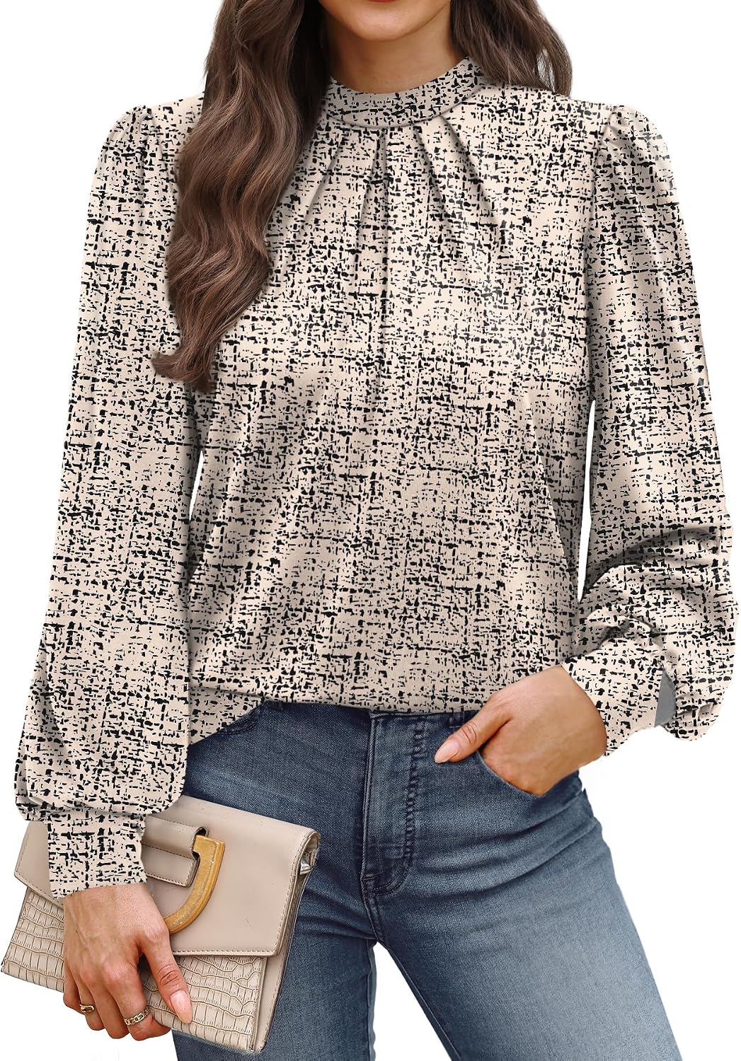 Long Sleeve Shirts for Women Mock Neck Tops Pleated Front Blouses Dressy Casual