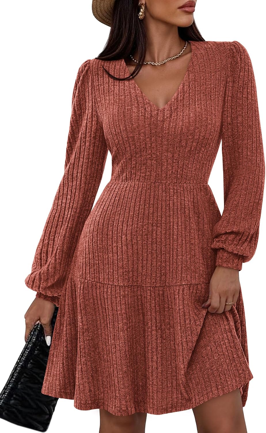 Womens Sweater Dress 2026 Fall Long Sleeve V Neck  Flare Ribbed Short Dresses Knit Outfits Pockets