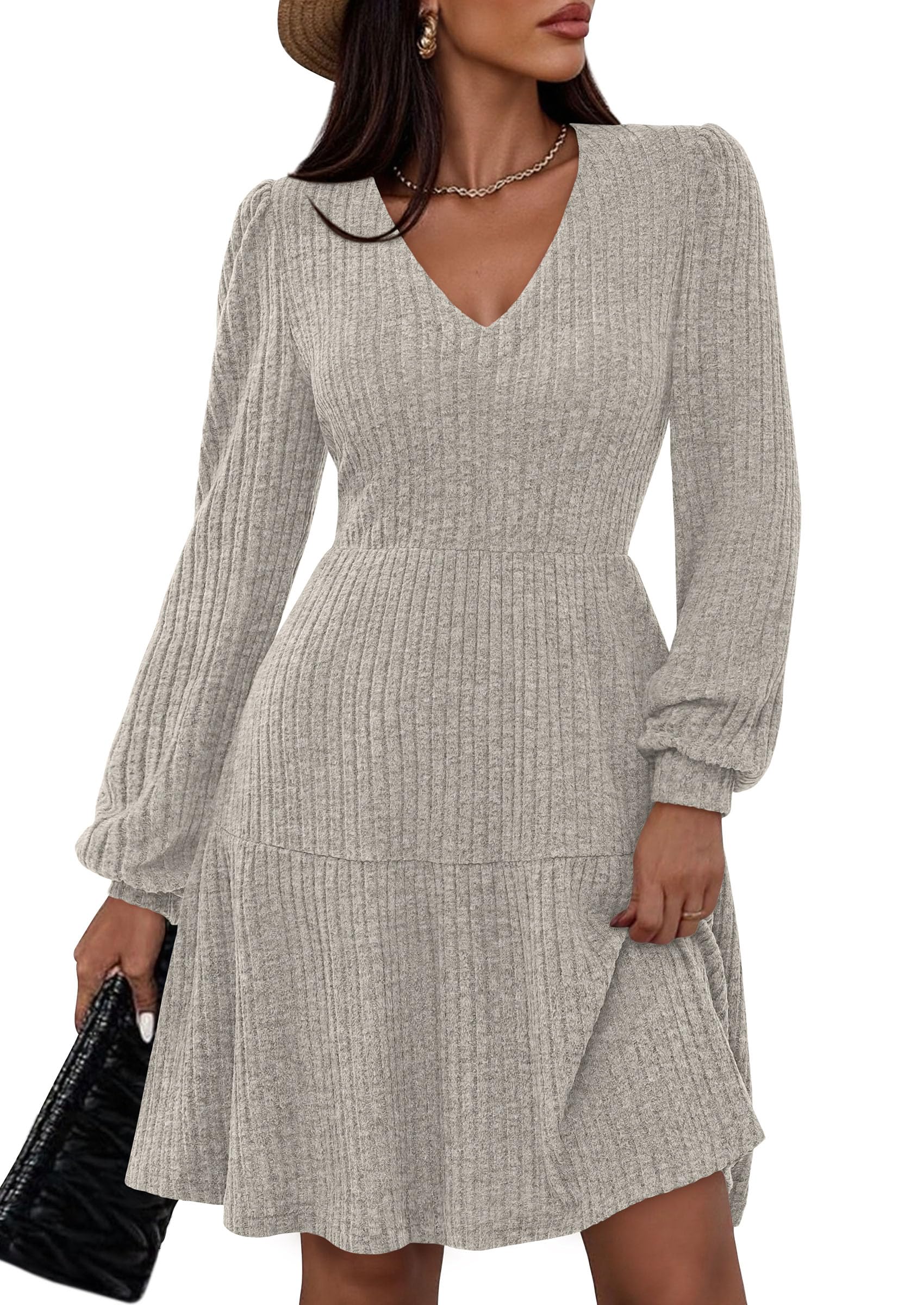 Womens Sweater Dress 2026 Fall Long Sleeve V Neck  Flare Ribbed Short Dresses Knit Outfits Pockets