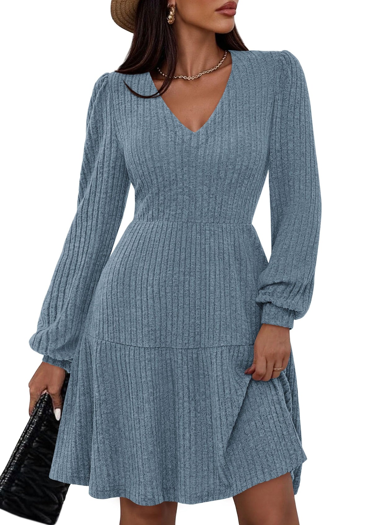 Womens Sweater Dress 2026 Fall Long Sleeve V Neck  Flare Ribbed Short Dresses Knit Outfits Pockets