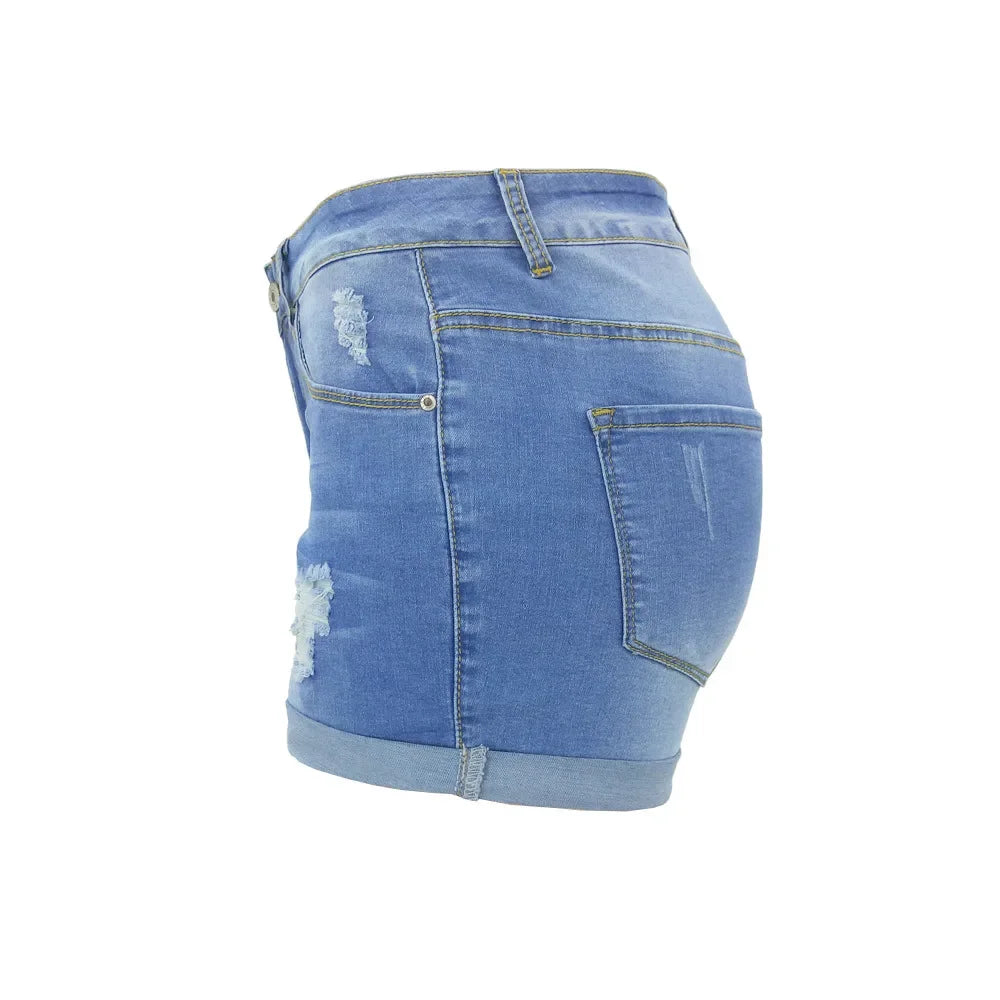Washed Ripped Mid-waist Denim Shorts.Comfortable Short Jeans with A New Style of Personalized Street Fashion for Women in Summer