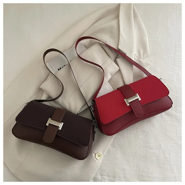 Elegant Two Tone Crossbody Bags with Silver Buckle, Minimalist Flap Design Versatile Chic Shoulder Purse for Office Casual Daily