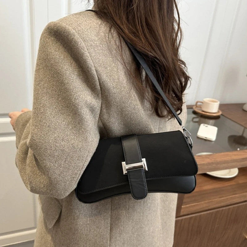 Elegant Two Tone Crossbody Bags with Silver Buckle, Minimalist Flap Design Versatile Chic Shoulder Purse for Office Casual Daily