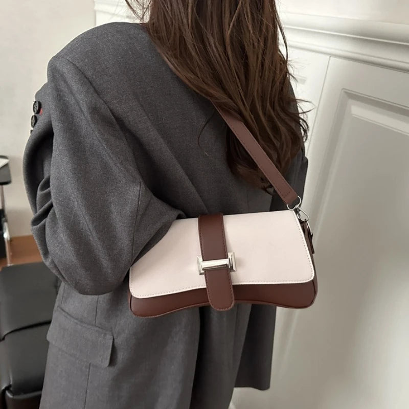 Elegant Two Tone Crossbody Bags with Silver Buckle, Minimalist Flap Design Versatile Chic Shoulder Purse for Office Casual Daily