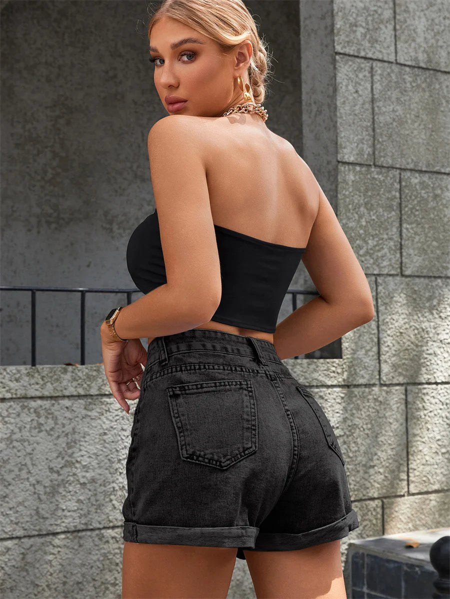 Benuynffy Zipper Fly Roll Up Hem Denim Shorts Women Fashion Summer High Waist Pockets Female Straight Leg Jean Shorts For Woman