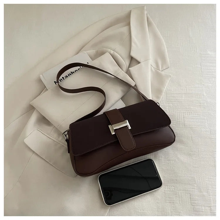 Elegant Two Tone Crossbody Bags with Silver Buckle, Minimalist Flap Design Versatile Chic Shoulder Purse for Office Casual Daily