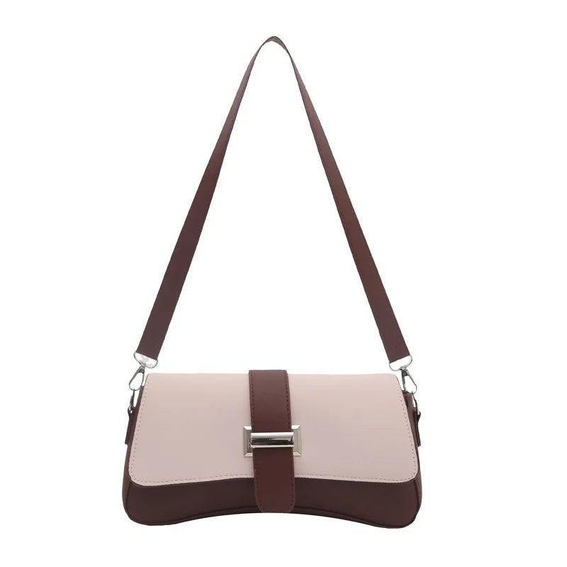 Elegant Two Tone Crossbody Bags with Silver Buckle, Minimalist Flap Design Versatile Chic Shoulder Purse for Office Casual Daily