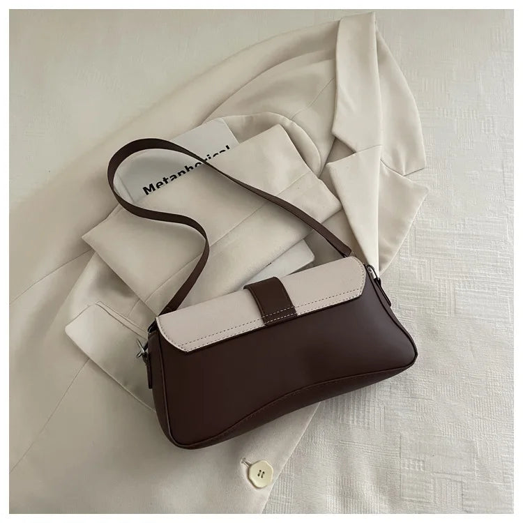 Elegant Two Tone Crossbody Bags with Silver Buckle, Minimalist Flap Design Versatile Chic Shoulder Purse for Office Casual Daily